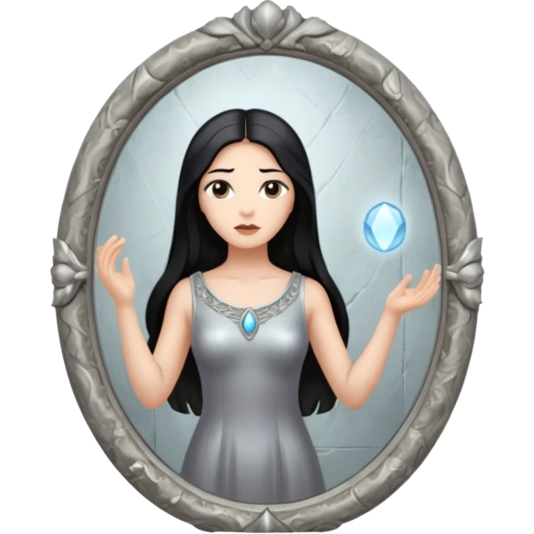 Woman facing ancient mirror, reflection slightly delayed and darker emoji