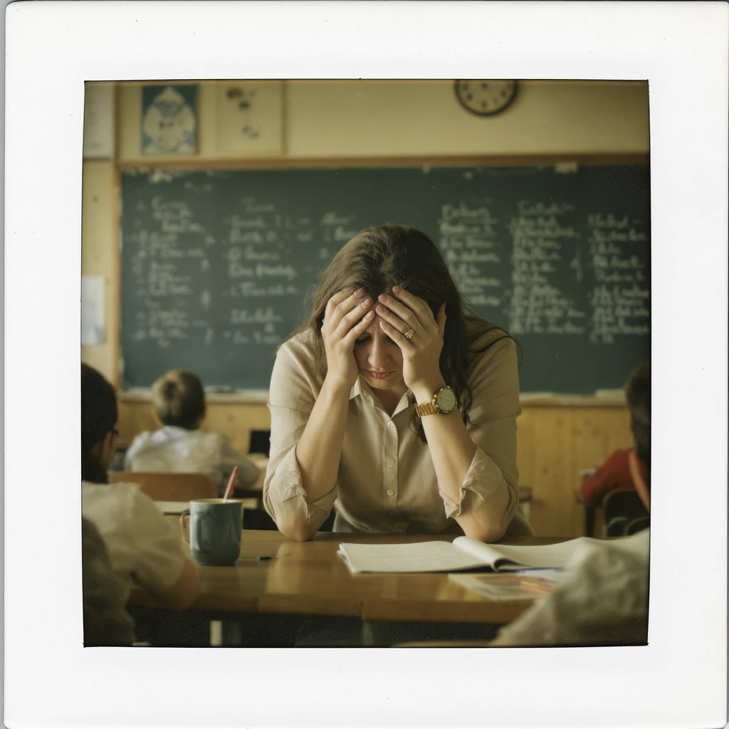 exhausted teacher in a bustling classroom emoji