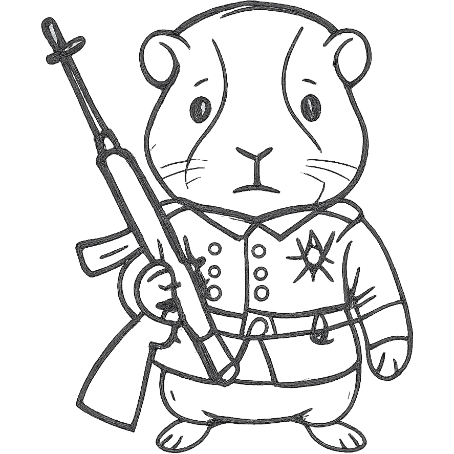 Remove the hat from the guinea pig. Move the gun so it is held across the guinea pig's chest. Keep the military uniform and style the same, hand drawn icon style with no fill, maintaining the original military uniform details and pose. emoji