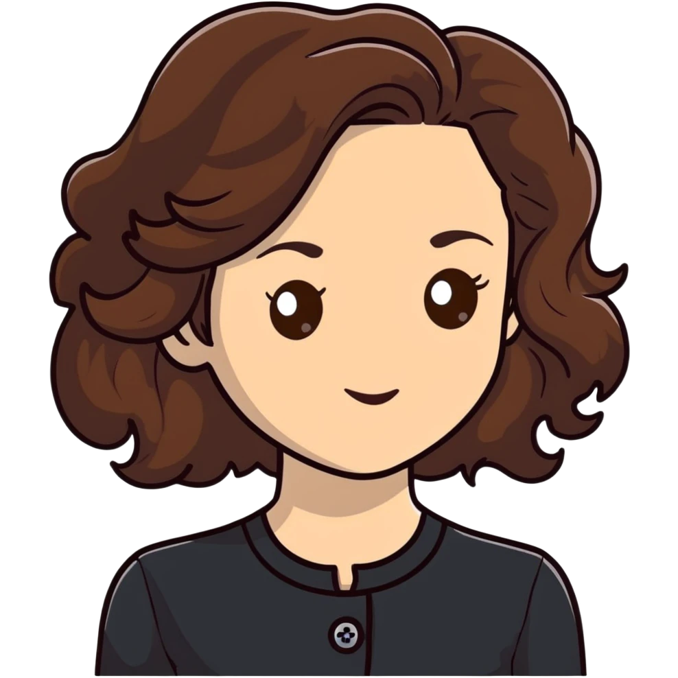 27 year old Caucasian woman with fair skin, brown eyes, long wavy dark brown hair, wearing a black top with a button emoji