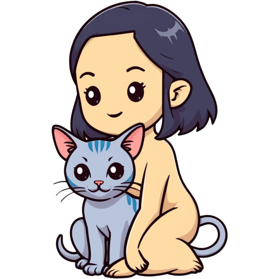 beautiful girl with long black hair holding a hairless sphinx cat emoji