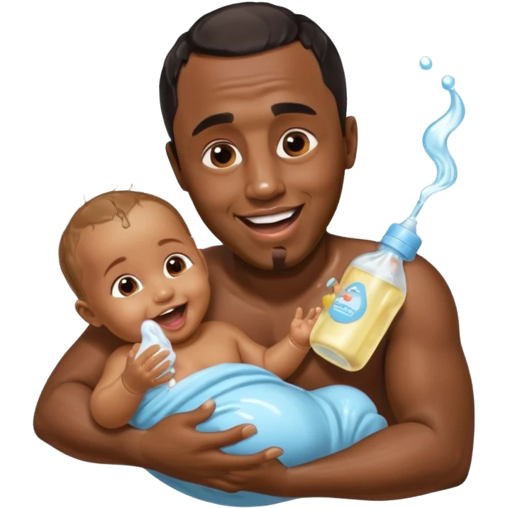 Sean “Diddy” Combs with baby oil and a very small infant and he’s pouring the baby oil on the infant that is laughing with a very exaggerated expression emoji