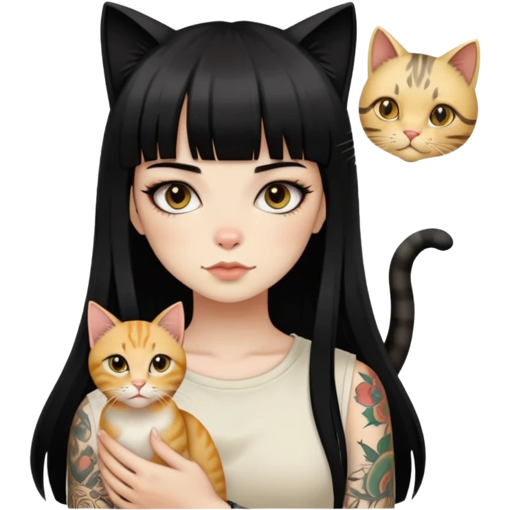 girl with long black  straight bangs hair and tattoos and a golden-shared cat emoji