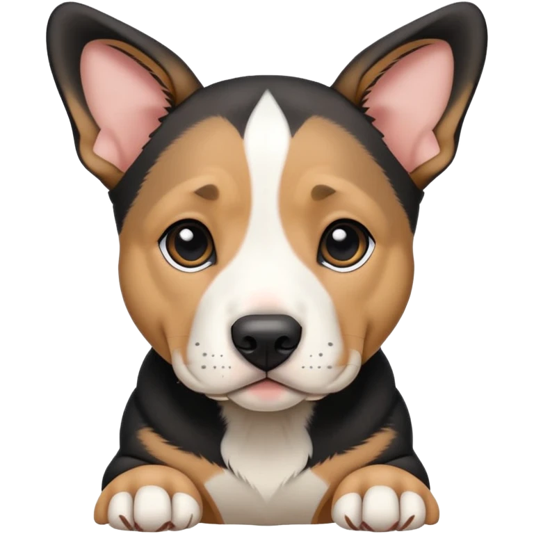Pit bull/german shepherd mixed puppy colored black, tan and white withs ears folded over emoji