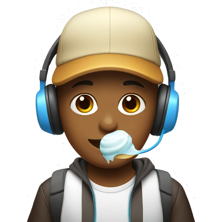 A boy wearing cap and headphones and eating ice cream  emoji