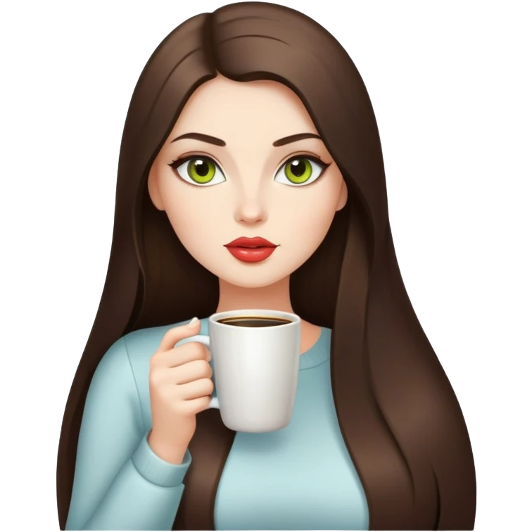 Curvy but beautiful brunette girl, chartreuse eyes, pin straight super long hair, modern style and glossy lips. Drinking coffee emoji