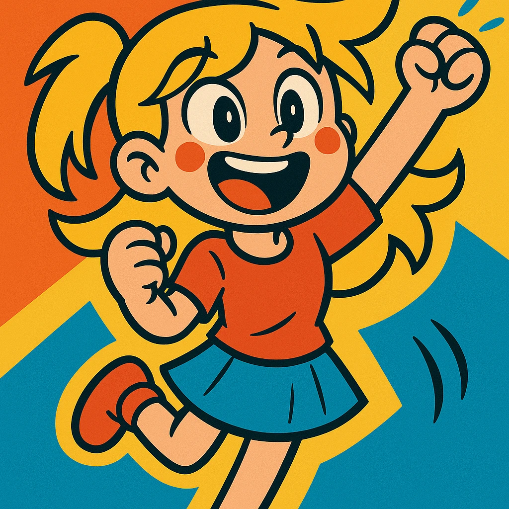 Add a colorful, energetic background that matches her excitement, keeping the vibrant toon style. emoji