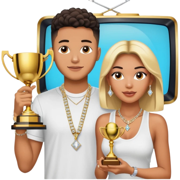 Internet celebrity Josh King Madrid jetset wearing shiny diamond earrings and sparkly iced out diamond tennis necklace chains with Instagram model girl tefi valenzuela sitting with him holding gold internet celebrity trophy on tv show in Miami emoji