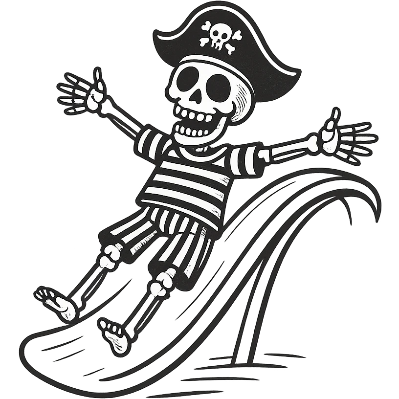 Make the pirate a skeleton pirate, keep the hand drawn doodle style, whimsical and lighthearted, on a water slide. emoji