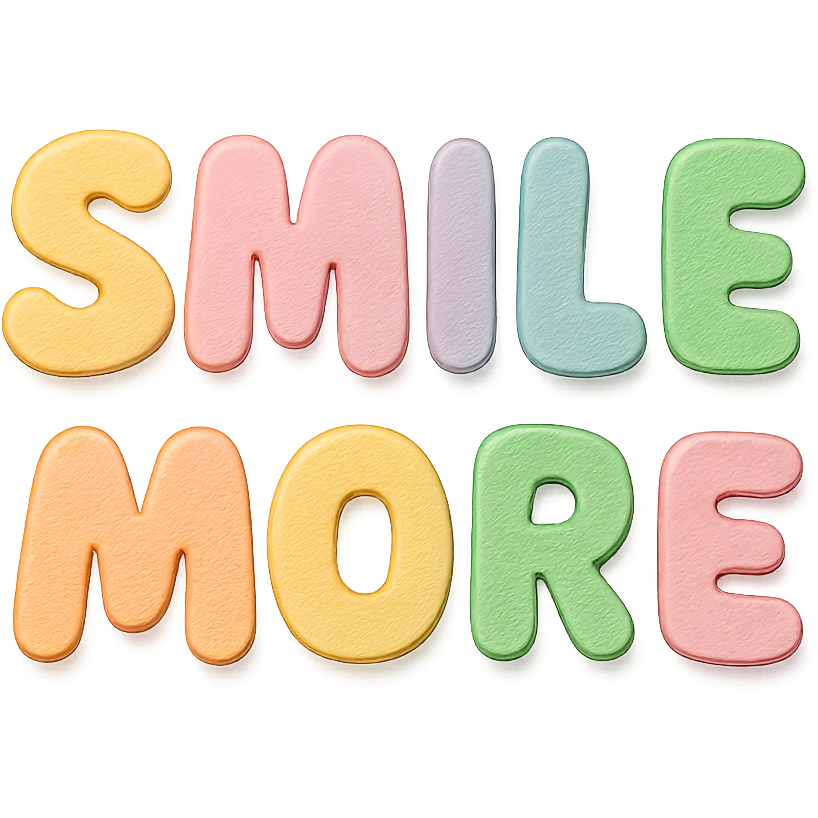 "Smile More" soft pastel rainbow puffy lettering, cute bubble font, no frame, isolated for stickers, transparent background emoji