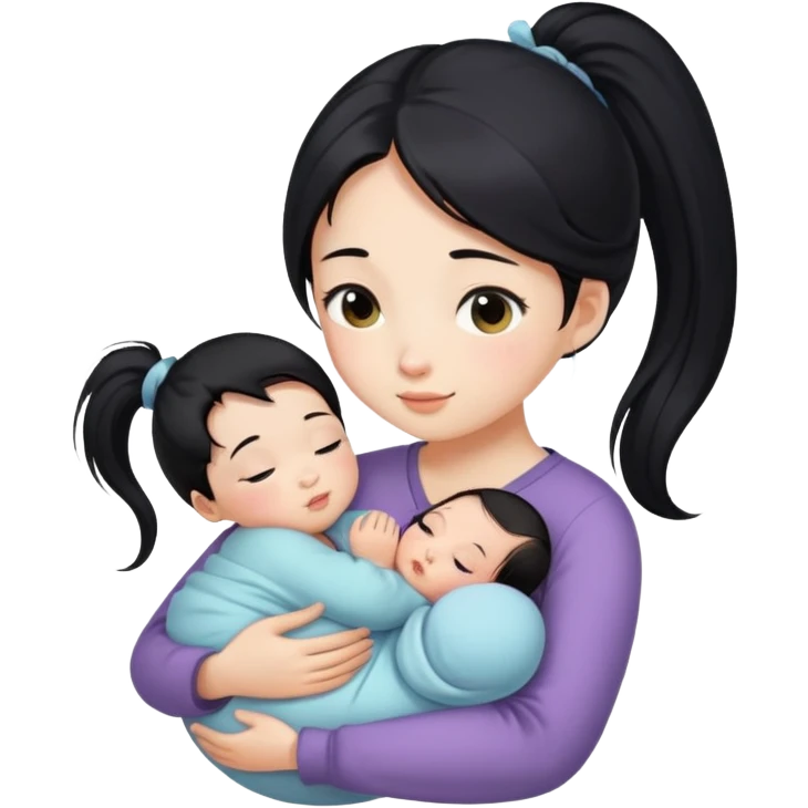 Ponytail chinese girl hugs a newborn baby and a girl emoji