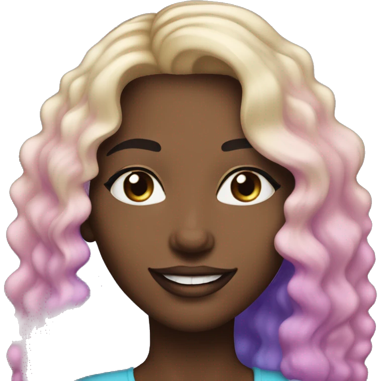 An adult white-skinned woman, with makeup, smiling, face with pink and purple glittery, blue eyes, long wavy ombre hair from brown roots to blonde ends, ring earrings, black T-shirt. emoji