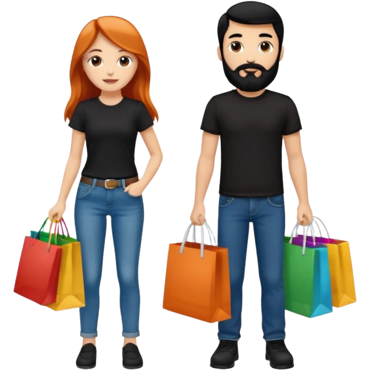 Chica blanca con cabello cobrizo largo y chico con cabello y barba negra los dos de contextura media los dos vestidos de jeans y camiseta negra con bolsas de compras de colores emoji