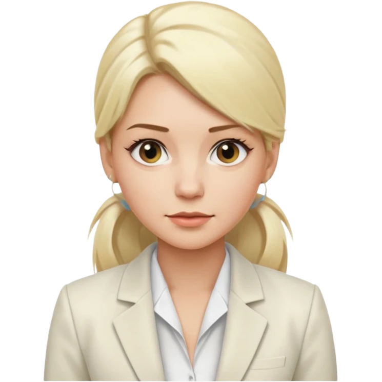 White blonde women with a low ponytail two strands of her in the front a white blouse and white blazer emoji