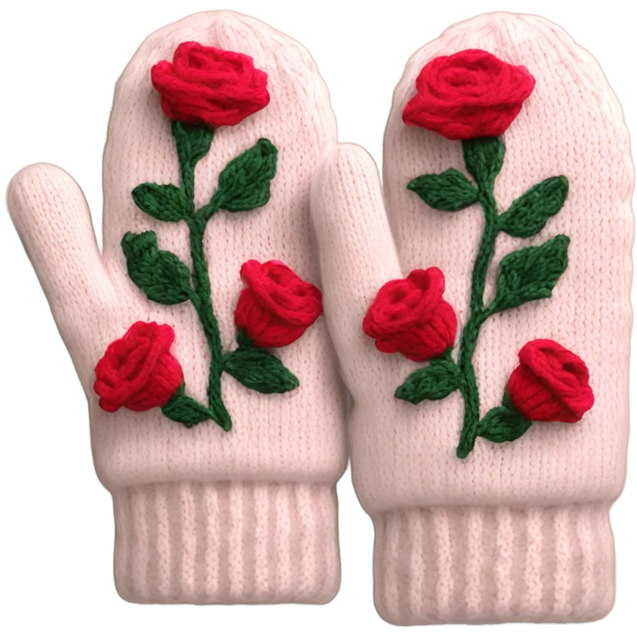 A pair of cozy knitted mittens with a rose design emoji