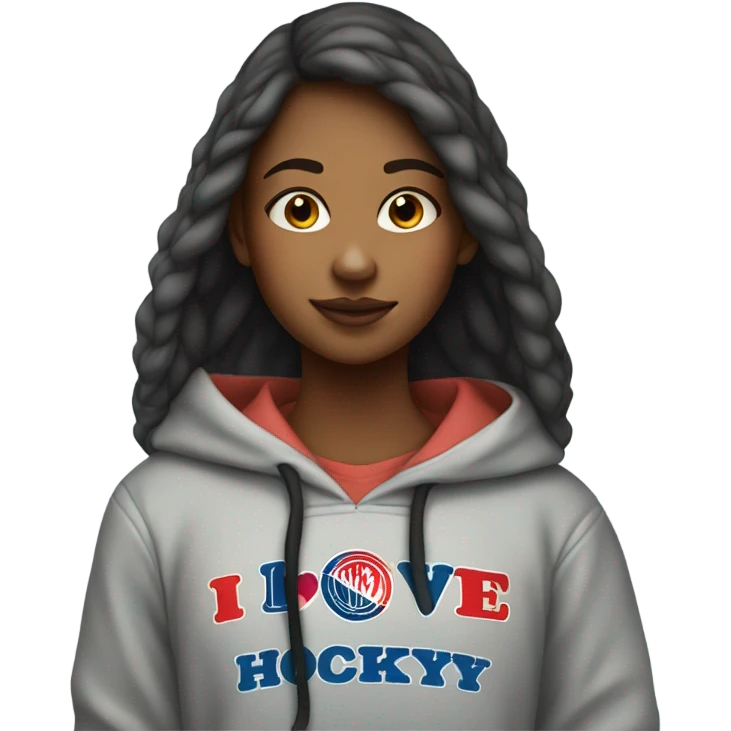 Realistic teen girl wearing a hoodie that says I love hockey dads emoji