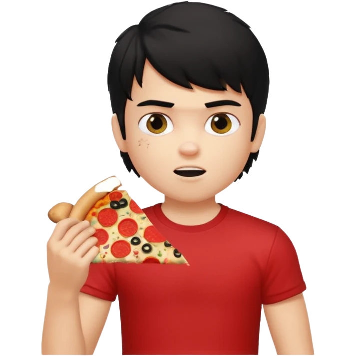 generate a pretty fair bratz boy with a messy mullet (black hair), wearing a red tshirt. eating pizza. He has big biceps emoji