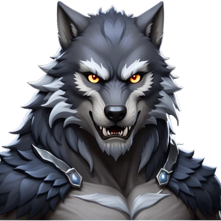 cinematic-noble-fierce-werewolf-portrait-emoji, poised-and-imposing, with a tall, slender yet muscular frame inspired by the brutal, imposing shape of the beast from Berserk, fur rippling in shades of midnight black and silver, eyes glowing with an intense, primal ferocity, reflecting the untamed power of the wild moonlit night; rendered with realism emoji