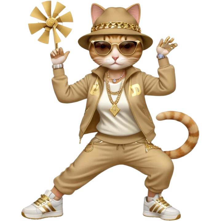 female cat in Run DMC hip-hop outfit with tracksuit, fedora, Adidas sneakers, dark sunglasses, many gold chains and bling accessories, doing a windmill break dance move emoji