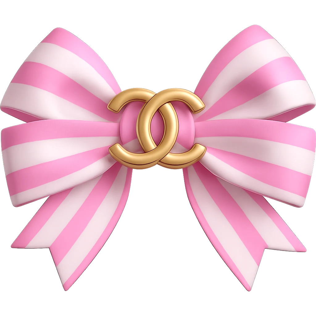 Change the bow to pink and white, keep the gold Chanel logo, luxurious, glossy, 3D emoji style. Remove the background. emoji