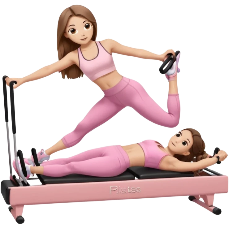 pretty caucasian teen with hazel eyes long brown hair wearing light pink workout clothes doing a plank on a pilates reformer emoji