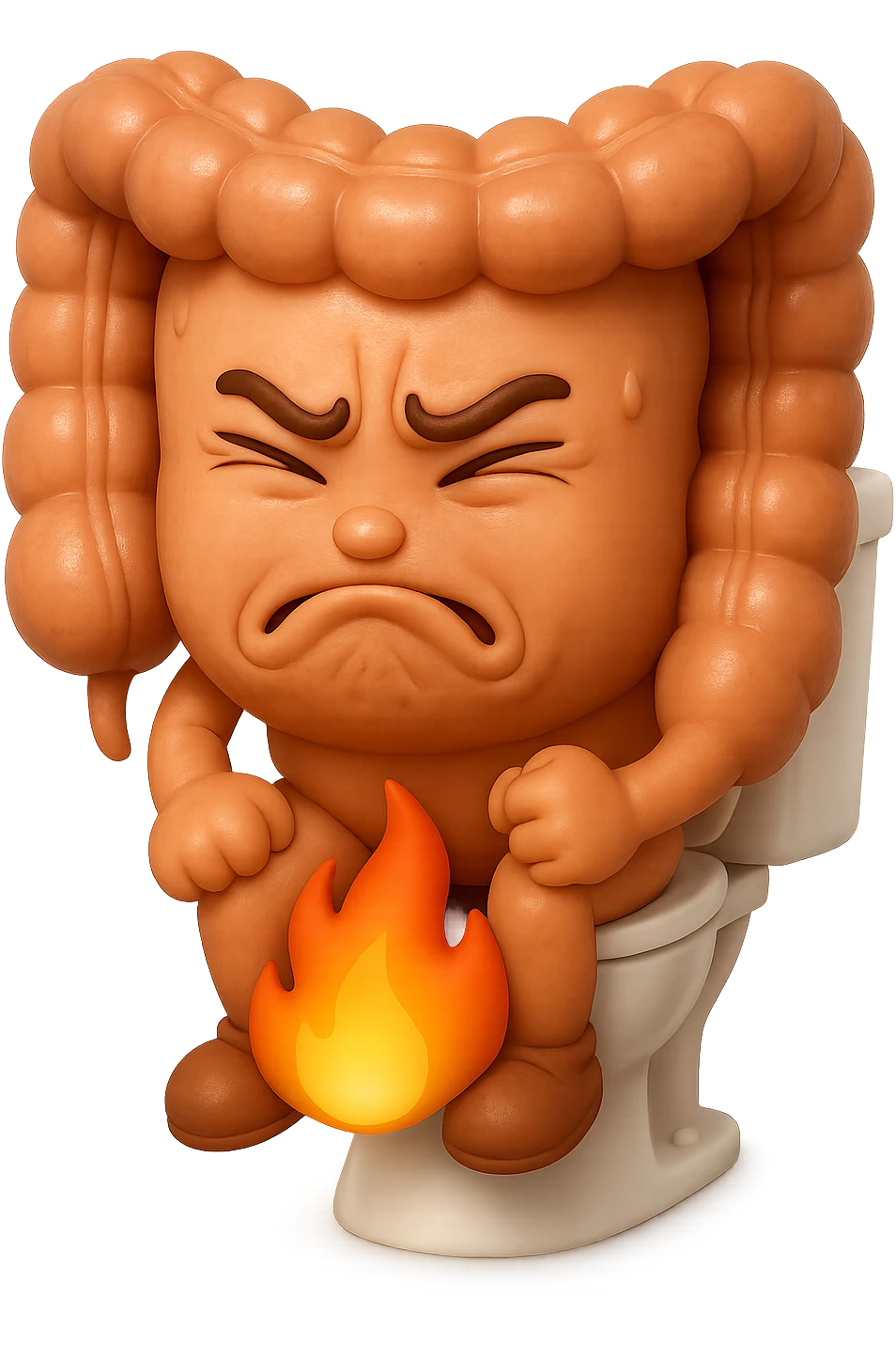 SU QUESTO STILE FAI UN EMOJI STILE IPHONE 3D DI UN INTESTINO CHE sta seduto sul wc e dal wc in mezzo alle sue gambe esce una fiamma stile emoji iphone, FAGLI UN ESPRESSIONE di dolore mentre si sforza E FALLO MOLTO REALISTICO IN 3D emoji