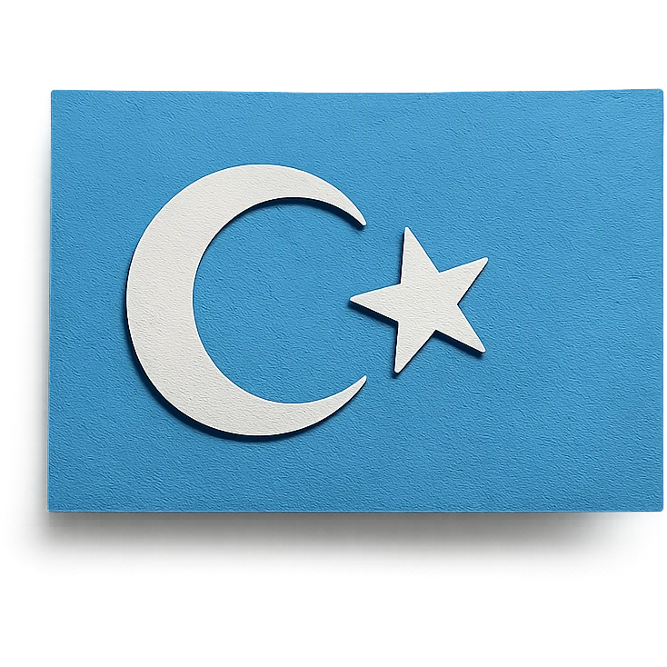 flag of East Turkistan, blue background, white crescent moon and star, paper craft style emoji