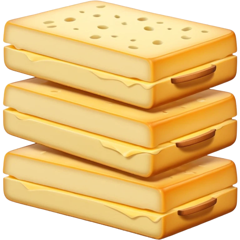 raclette cheese slices, semi-thick, rectangular, pale yellow, smooth, darker rind, creamy firm texture, subtle sheen, stacked or fanned, no grill, potatoes, extras, or faces, clean 3D, soft shadows, transparent background, emoji scale emoji