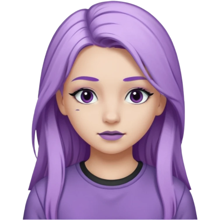 Девушка белокожая на беговой дорожке, с длинными светло-лиловыми волосами, в лиловом топе, в серых спортивных штанах, с черными ресницами emoji