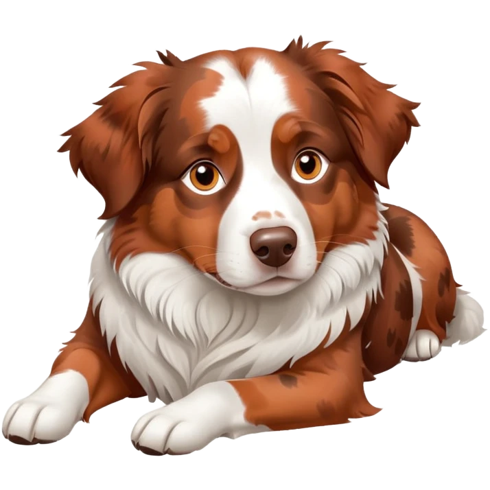 Red merle Australian Shepherd dog laying down, copper and white spotted coat, relaxed pose emoji