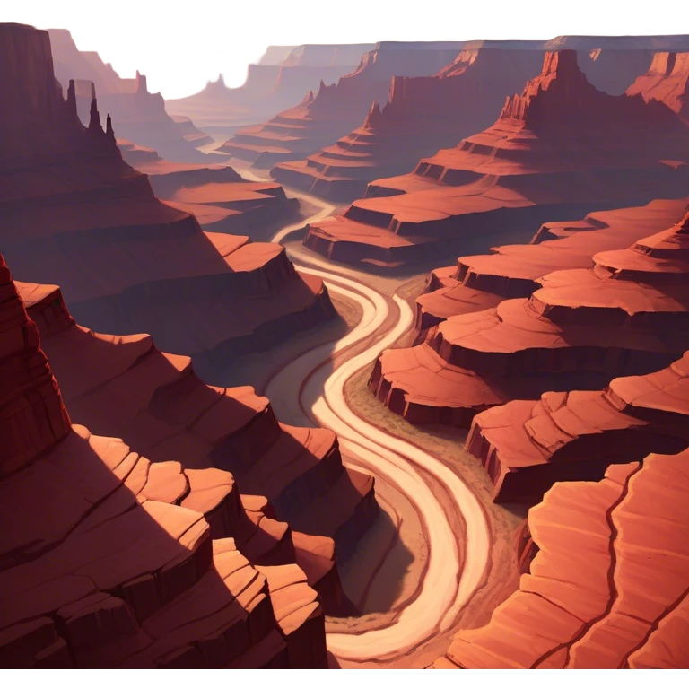 Cinematic Realistic Canyon Emoji, Vast and rugged, with deep red rock formations and winding paths leading down to a dry, dusty floor. Sunlight casts long shadows across the craggy surfaces, highlighting the layers of ancient rock. Soft glowing outline, capturing the essence of dramatic beauty and ancient history in a mighty canyon. emoji