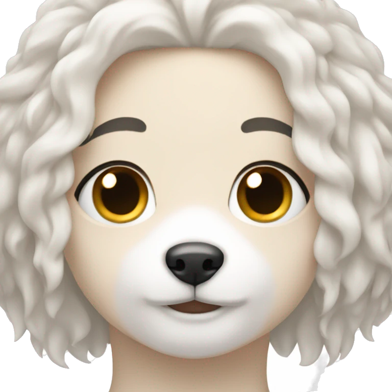 White girl with black long hair and small white fluffy dog emoji