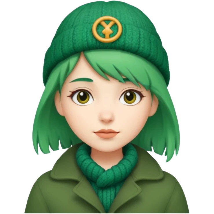 Girl with green hair wearing winter coat and a woolen hat with a relaxed posture and friendly face emoji