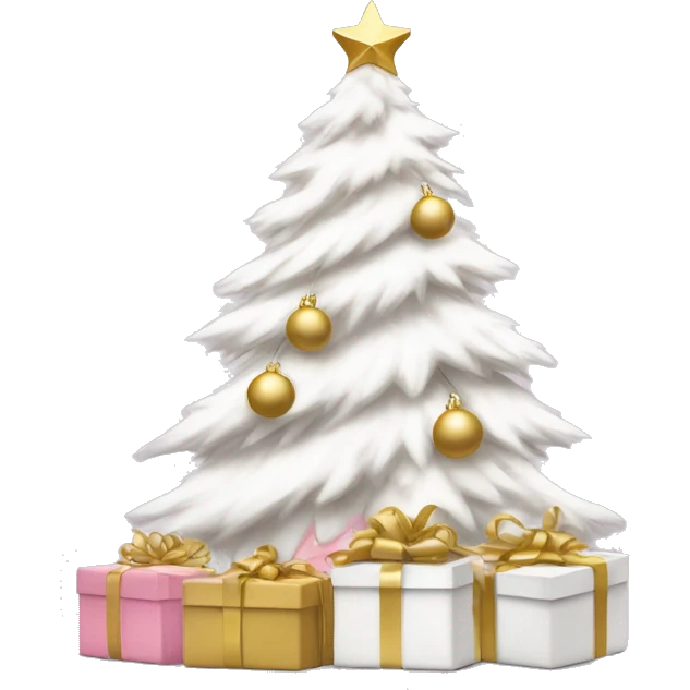 White christmas tree with pink and gold decor with white and gold presents sitting under it emoji