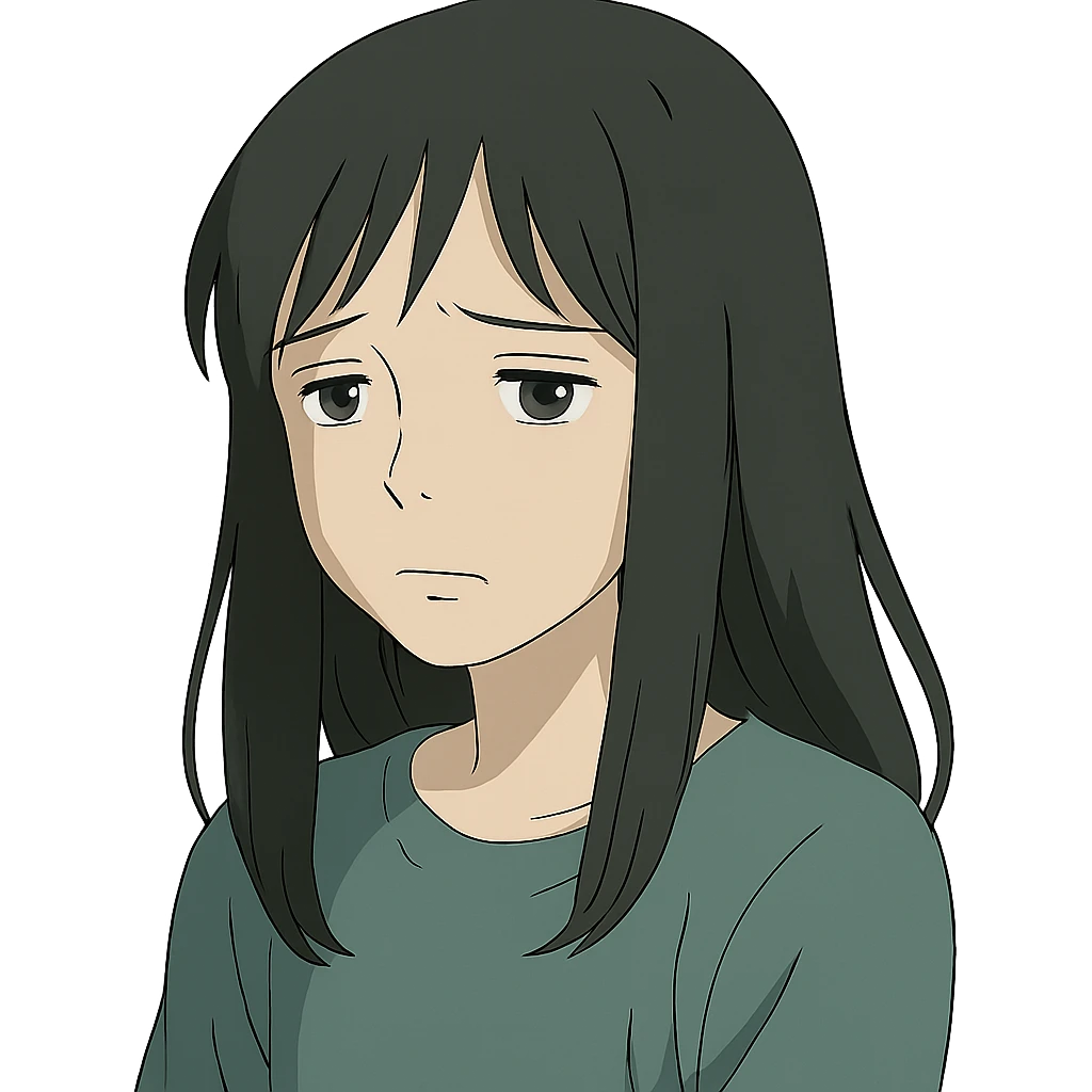 pale girl with long black hair, sad expression, in ghibli style emoji