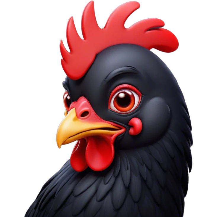 Cinematic Comical Black Chicken Portrait Emoji, Head tilted dramatically with an exaggeratedly amused expression, featuring a sleek, glossy black plumage with a bold red comb, wide, expressive beady eyes filled with playful disbelief, Simplified yet hilariously expressive features, highly detailed, glowing with a slightly sassy glow, high shine, dramatic yet playful, stylized with an air of cheeky mischief, bright and endearing, soft glowing outline, capturing the essence of a spirited and over-the-top chicken, so meme-worthy it feels like it could cluck its way into internet fame instantly! emoji