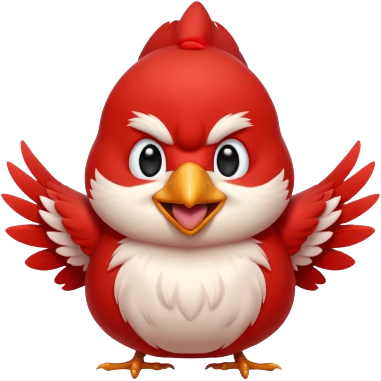 Chibi red male cardinal laughing with eyes closed and beak wide open, soft glowing cheeks, cozy cartoon emoji. emoji