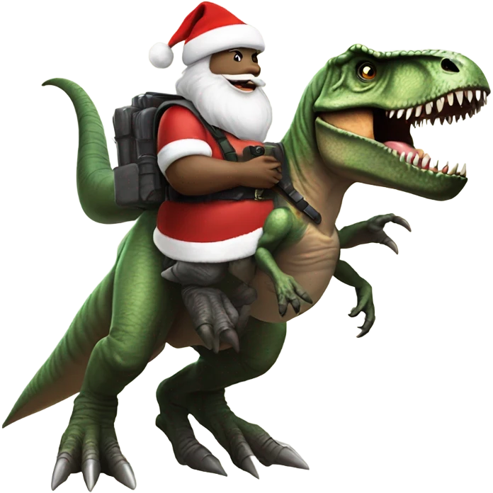 T-Rex wearing a bullet proof vest and Santa hat riding a human  emoji