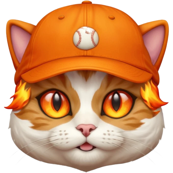 Cat with the flames in his eyes with a orange baseball hat on his head emoji