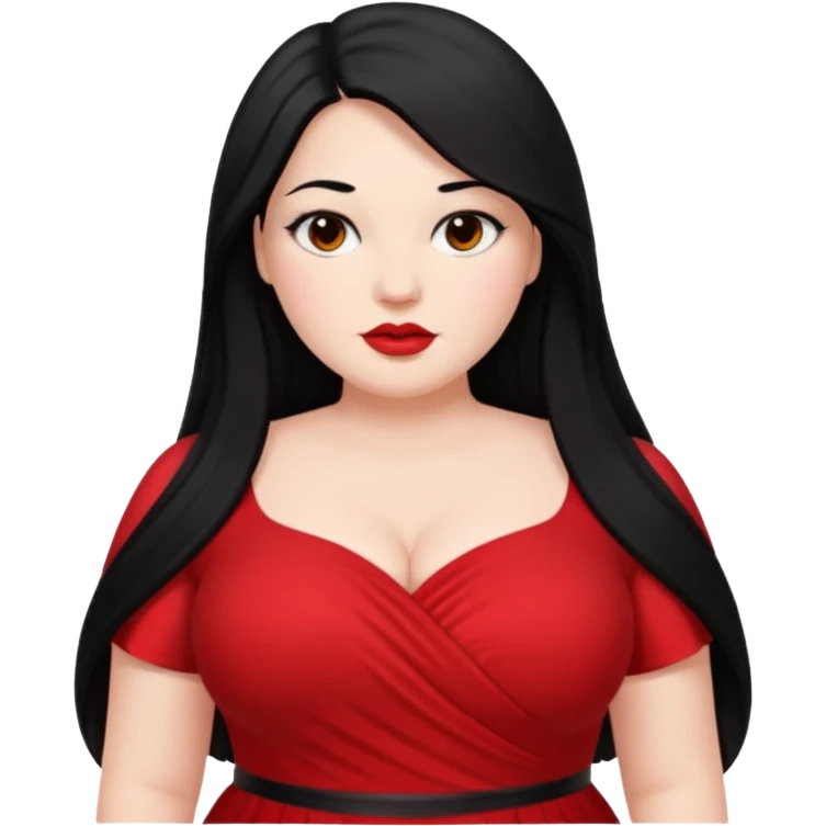 Una mujer parada gordita, blanca pelo largo negro emoji