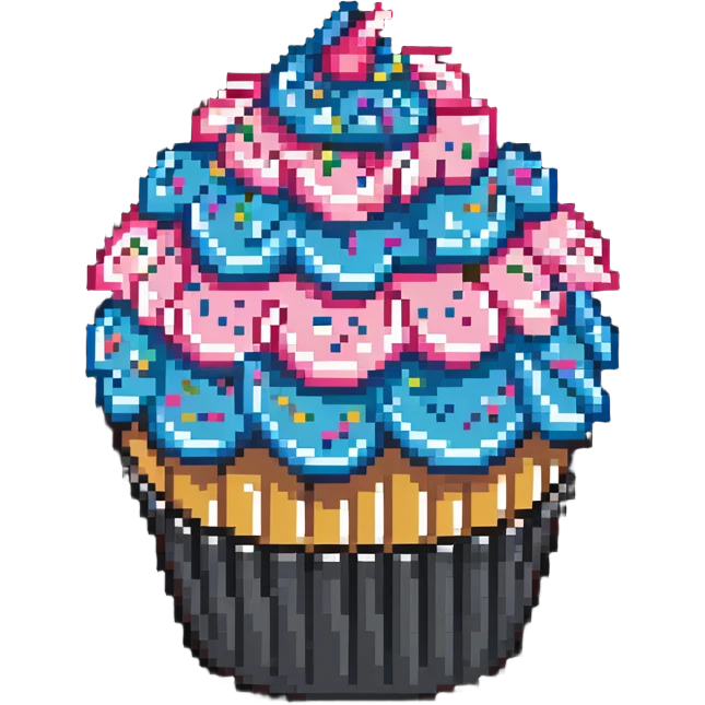 giant cupcake with pink icing and colorful sprinkles, striped cupcake wrapper, pixel art style emoji