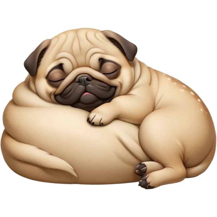 Cinematic Meme-Worthy Chubby Sleeping Fawn Pug Portrait Emoji, Head resting peacefully with a contented smile, showcasing a delightfully chubby build and a luxuriously soft fawn coat, eyes shut in a serene nap, Simplified yet hilariously adorable features, highly detailed, glowing with a soft, drowsy light, high shine, relaxed and utterly lovable, stylized with an air of playful laziness, bright and heartwarming, soft glowing outline, capturing the essence of a comically sleepy companion, so meme-worthy it feels like it could instantly become the next viral sensation of adorable slumber! emoji