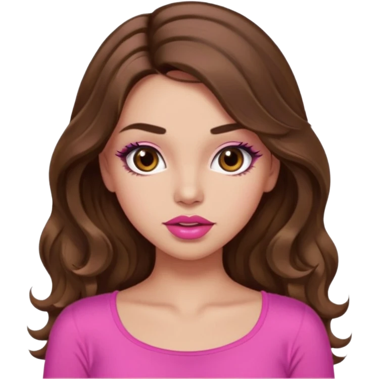 girl with long wavy brown hair, brown eyes, light to medium complexion, in a pink sexy top, pink lips, long lashes, puckered lips, what ever emoji
