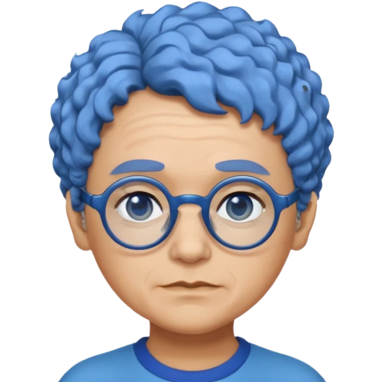 old laydy with short, curly blue hair, matching blue eyebrows, light brown skin, round black glasses, and a neutral facial expression. emoji