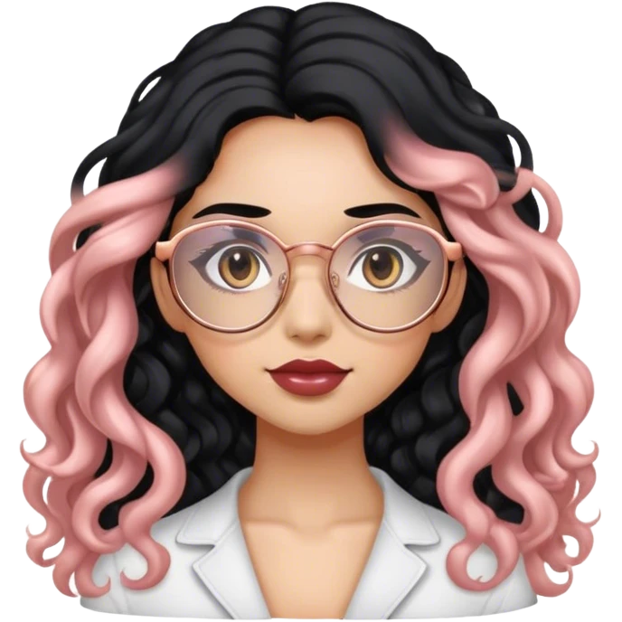 Girl with long wavy-curly black hair and rose gold glasses emoji