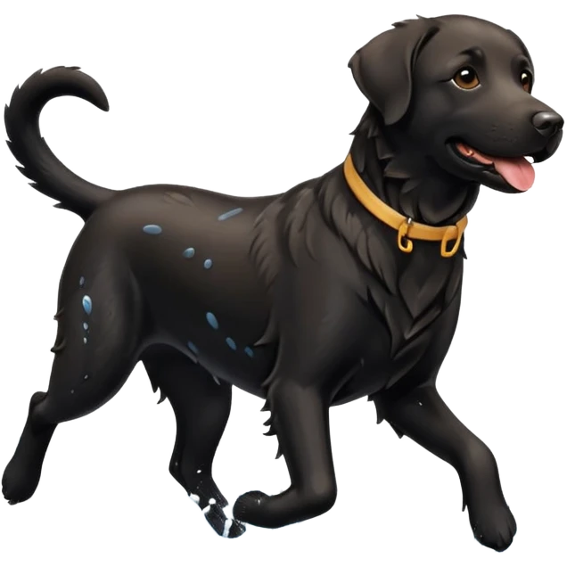 A black Labrador Retriever running through shallow water near a lake, splashing around happily. Natural lighting, motion shot, photorealistic style. emoji