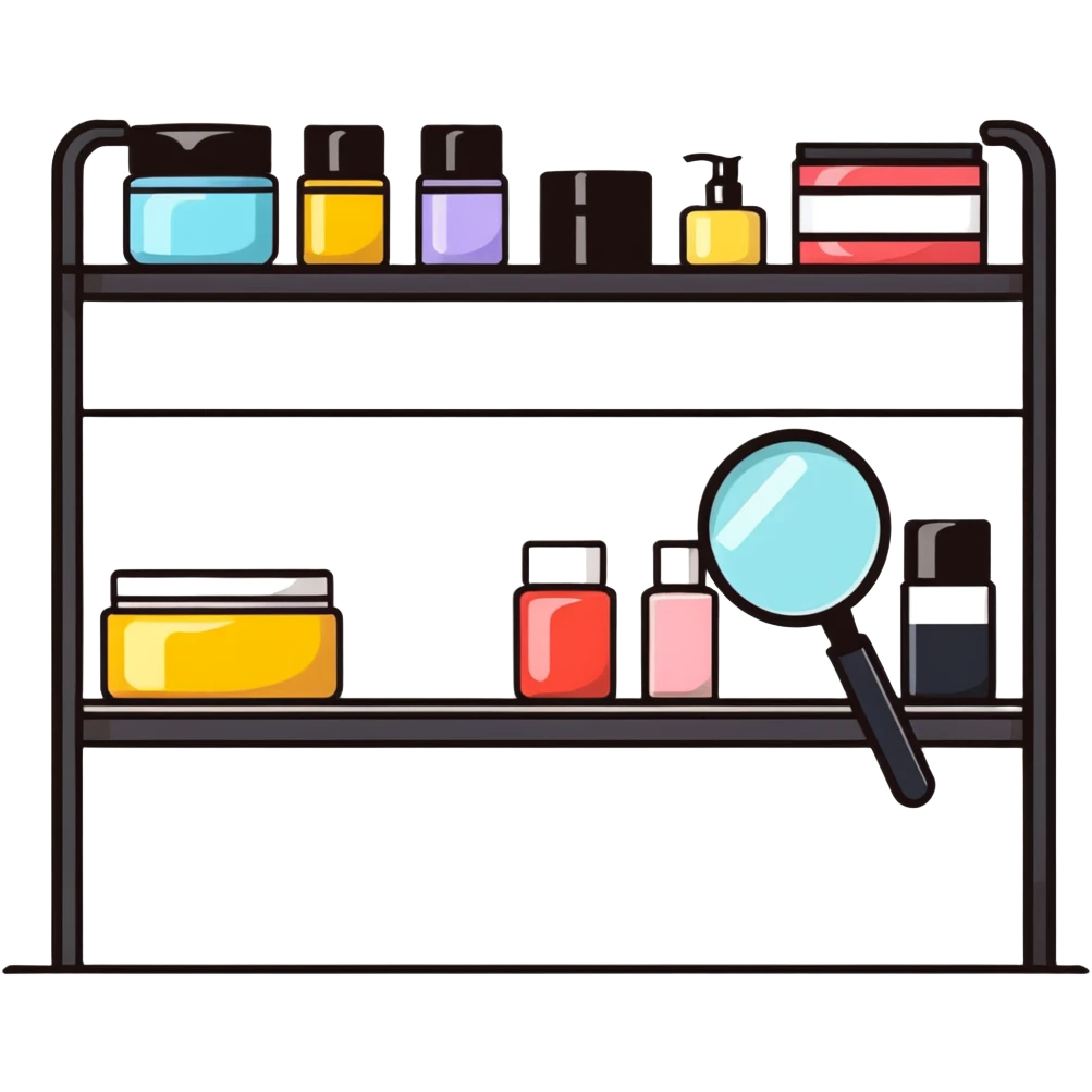 front view magnifying glass over empty beauty product shelf searching emoji