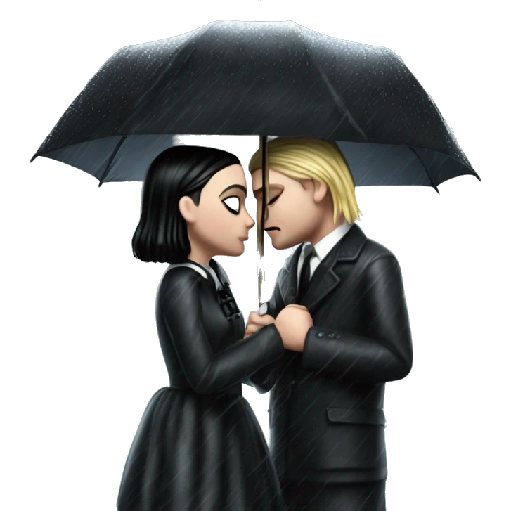 Realistic silkstone Wednesday addams kissing sweetly Kurt Cobain in the rain. emoji