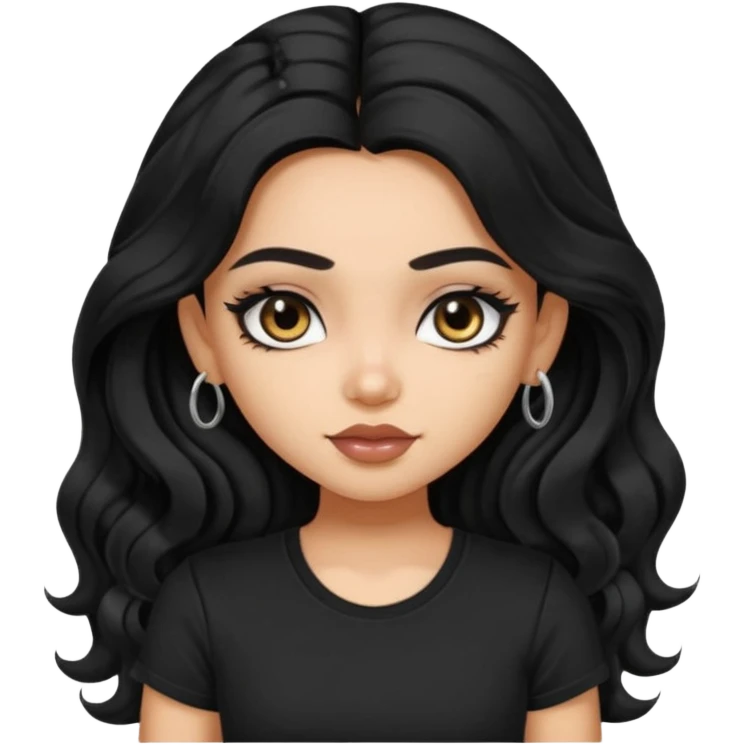 a pretty FAIR indian bratz girl with wavy long black hair, wearing a black tshirt, eyeliner on emoji