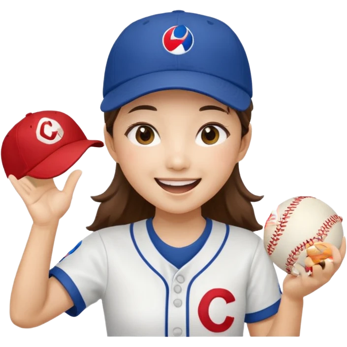 a korean girl cheering her favorite baseball team, wearing the team uniform, baseball cap, and holding baseball emoji